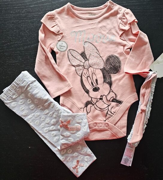 # kompl. 3 in 1/80cm/9-12mēn tumši rozā bodijs ar minniju, pelēkas bikses ar baltiem plankumiem un galvas lenta