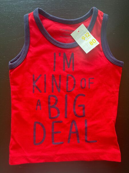 #Tkrekls/80 cm/9-12m/bezroku/sarkans ar zilu uzrakstu