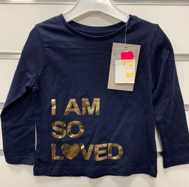 T Krekls garās rokas zils ar uzrakstu I AM SO LOVED 80 cm 9-12 m