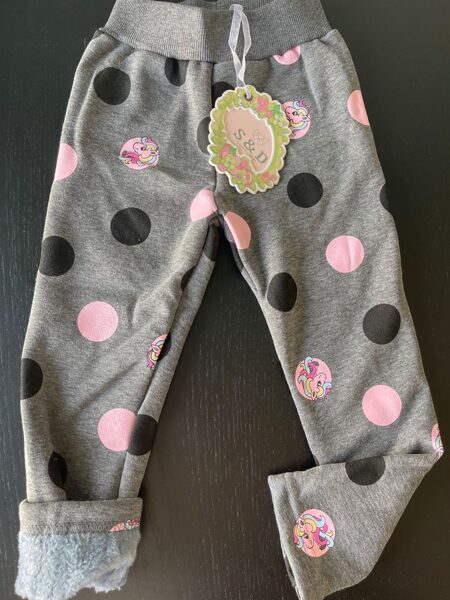 Legingi/ silti pelēki ar vienradžiem/3-4 gadi/98cm/melni-rozā zirņi