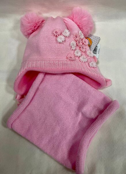 #Cepure/tuneļšalle 42-44 cm zīdaiņu, rozā/ar ziediem/2 bumbuļi, flīsa iekšupe, ārpue adīta