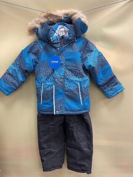 Termo ziemas kombinzons Lassye/ gaiši zils-pelēks ar rutīņām/98 cm/ jaka un bikses/pūkaina kapuce