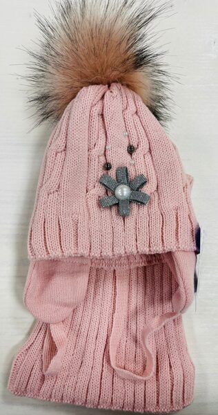 #Cepure+tuneļšalle pūdera krāsa, adīta ar bumbuli/pērlēm/pušķi 48-50 cm 