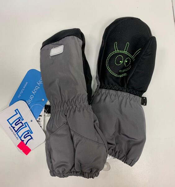 Sniega cimdi 2-4 gadi/Pelēki, plaukstas daļā - melns ar zaļu cilvēciņu.