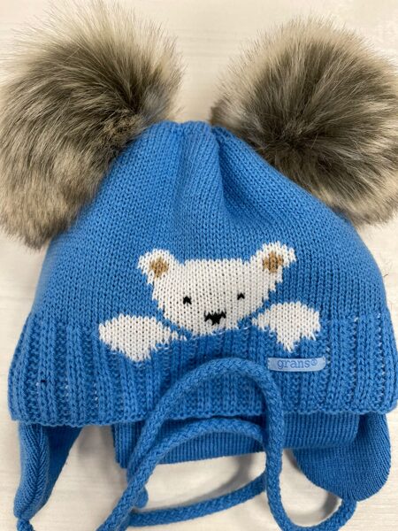 #Cepure, šalle/spilgti zila ar lācīti/ar 2 bumbuļiem,sienama/40-42 cm