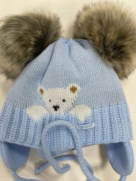 #Cepure, šalle/gaiši zila ar lācīti/ar 2 bumbuļiem,sienama/40-42 cm