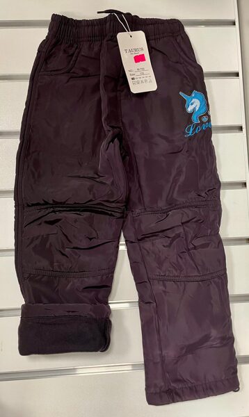 Bikses/140cm/siltas,ar oderi/ziema/ar zilu vienradzi/ļoti tumši bordo