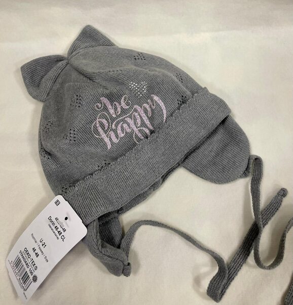 #Cepure/meit/48-48 cm/pelēka/uzraksts be happy/adīta ar kokvilnas oderi/sasienama