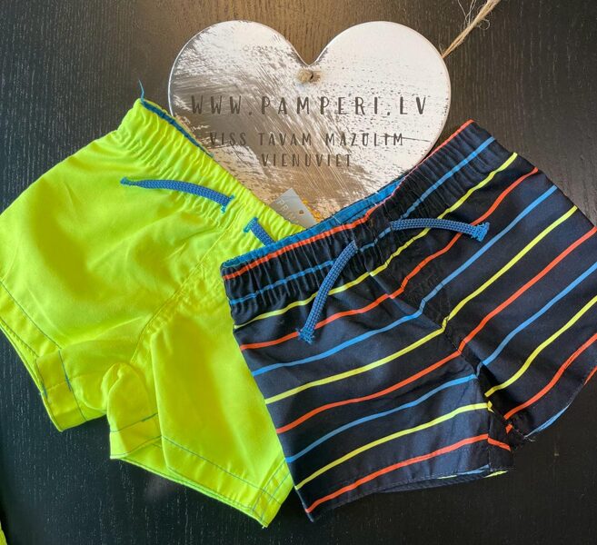# Šorti kompl. 2.gab/3-6 mēn./68cm spilgti zaļi un melni ar oranžām.zilām un dzeltenām strīpām