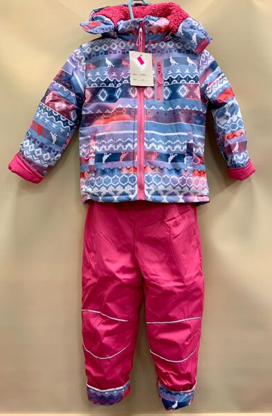 #Ziemas kombinzons atsevišķais/4gadi/Rozā, siltās bikses+gaiši zila augša ar dažādiem elementiem, ar rozā rāvēju.