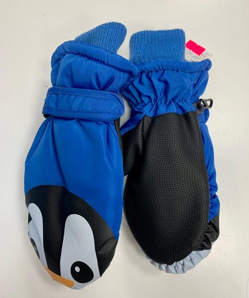 Sniega cimdi 5-6 gadi/Zili ar pingvīnu pirkstu galos-melna plaukstu daļa.