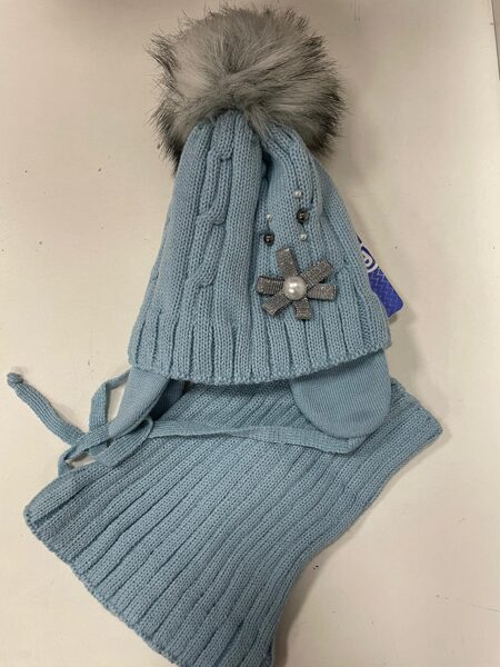 #Cepure ar tuneļšalli/48-50/zilgana krāsa/ar bumbuli/ar pelēku rotājumu un pērlītēm/sasienama/flīsa odere