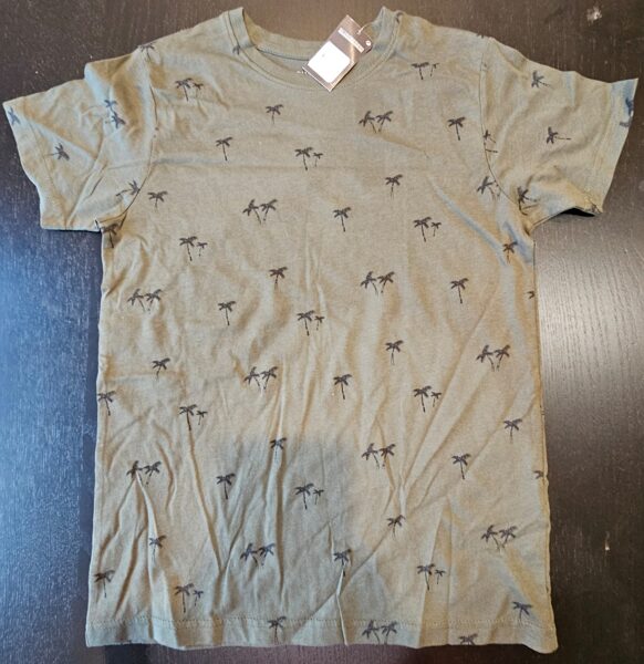 # T-krekls zaļgan-pelēks ar palmām 140cm/9-10 gadi