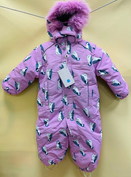 #Termo ziemas kombinzons KIDS/roza/ar pingvīniem/ 92 cm/kopējais/pūkaina kapuce/ar kāju gumiju