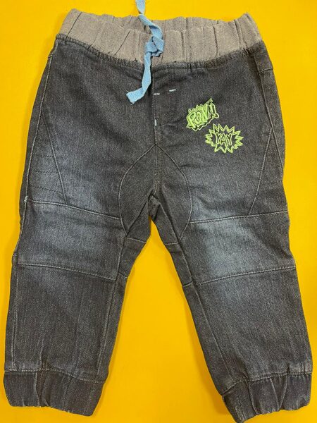 #Džinsa bikses zēniem/80cm/Tumši pelēkas ar gaišu, gumijotu jostas daļu, ar gumiju kāju apakšdaļās/zaļa uzšuve