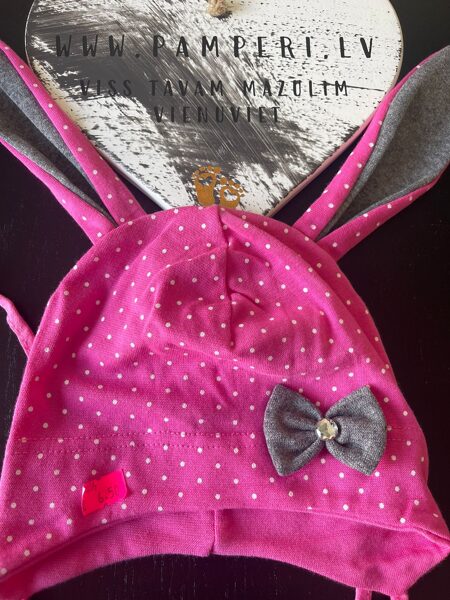 #CEPURE/sasienama/ar ausīm/kokvilna/rozā ar baltiem punktiem/pelēkas ausis/pelēka bante