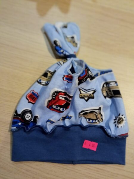 Plāna vasaras cepurīte ar sasienamu augšu zila ar animācijas auto 36-38 izmērs