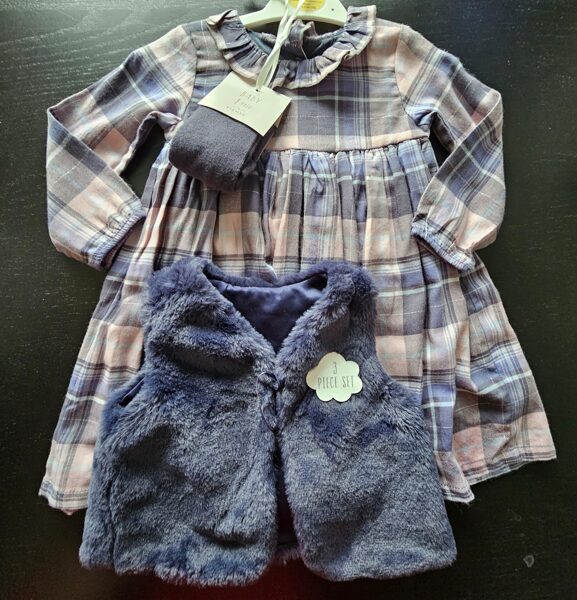 # kompl 3in1/ 74-80cm/ lillīgi rūtaina kleita, tumši zila veste un melnas zeķu bikses