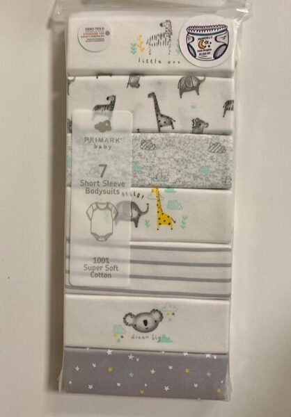 #BODY ĪSROKU 7 GAB., 9-12 MĒN,80 CM., BALTS,PELĒKS STRĪPAINS, AR ŽIRAFI,ZILONI,KOALA,ZEBRU