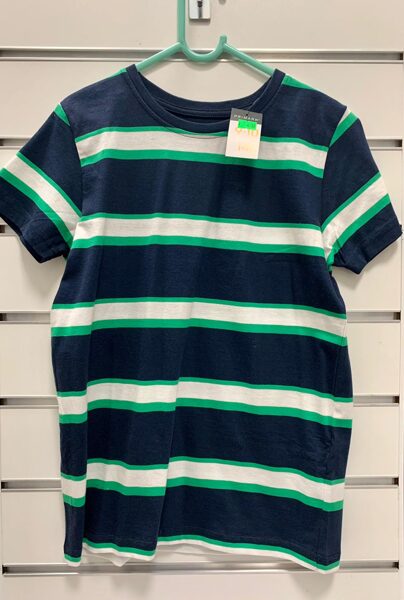 #Īsroku krekls 9-10 gadi/140cm/Tumši zils ar baltām un zaļām svītrām.