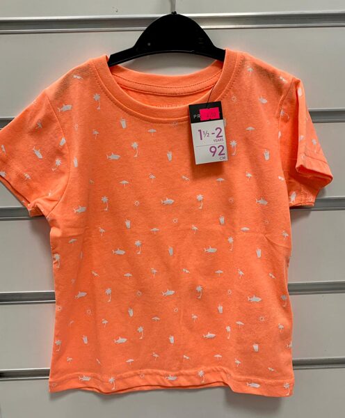 Īsroku krekls 18-24 mēn./92cm/Oranžs ar baltām haizivīm,flamingo, palmām...