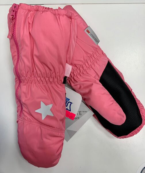 Sniega cimdi 1-2 gadi/Rozā ar melnu plaukstas daļu, virspusē sudraba zvaigzne.