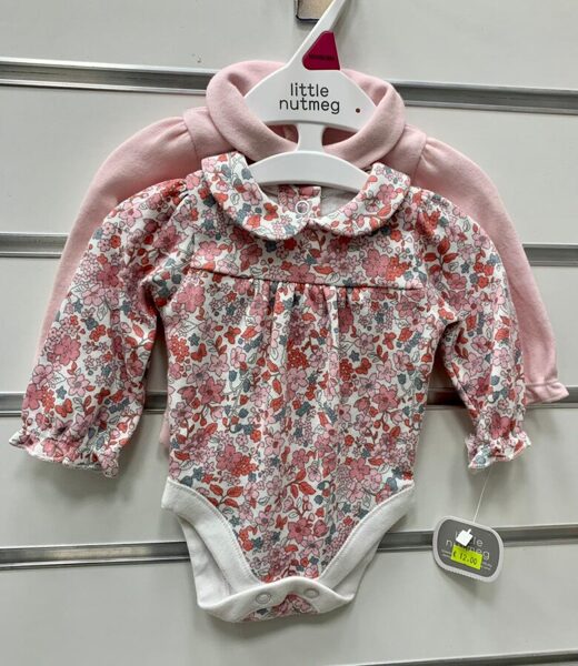Body Newborn/2gb/garroku/Rozā+puķains, ar apkaklīti/Little Nutmeg
