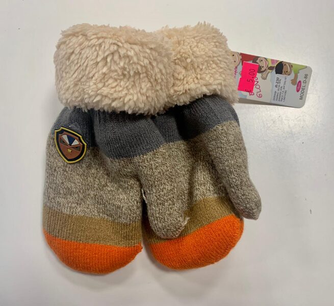 Siltie cimdi 16cm/Oranža, brūna, pelēka svītra ar gaiši brūnu, pūkainu augšu