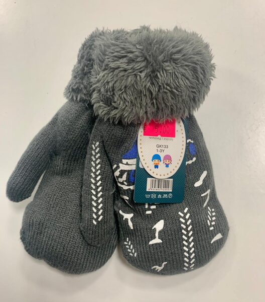 Siltie cimdi/1-3 gadi/Pelēki ar zilu auto, pūkaina augša.