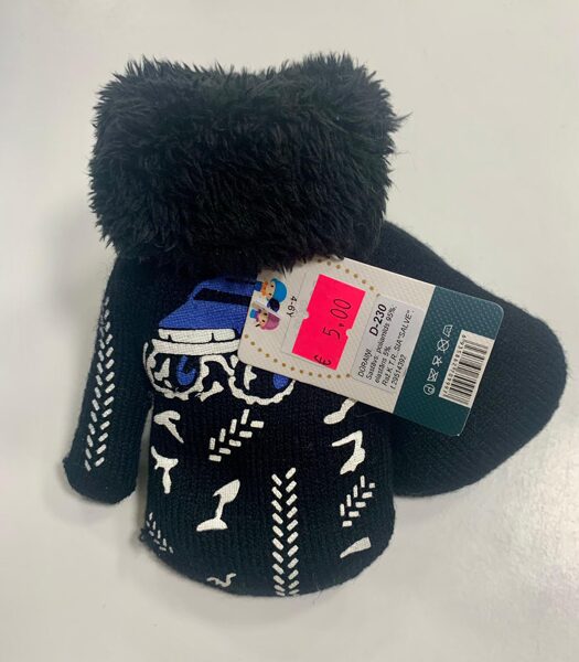 Siltie cimdi 4-6 gadi/Tumši ar baltiem elementiem un zilu auto/pūkaina augša