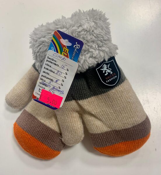 Siltie cimdi/oranžas, gaiši, tumši brūnas un melna svītra/pūkaina maliņa.