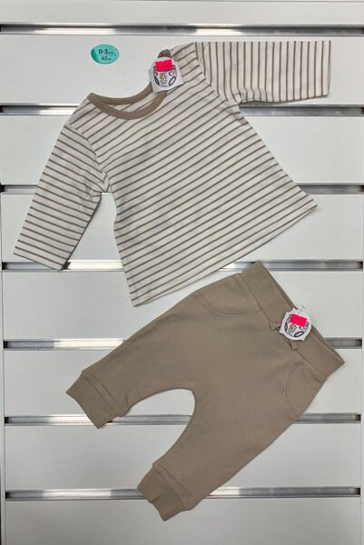 Garroku krekliņš+Bikses/0-3 mēn./62cm/Gaiši brūnas bikses ar svītrainu krekliņu.