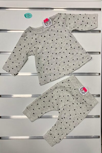 Garroku krekliņš+Bikses/0-3 mēn./62cm/Pelēks ar melnām pumpām.