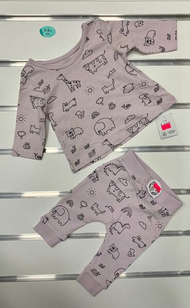Garroku krekliņš+Bikses/0-3 mēn./62cm/Gaiši violets ar dzīvniekiem.