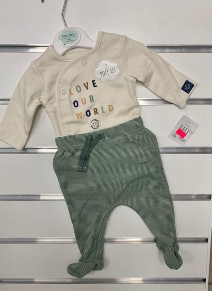 Komplekts jaundzimušajiem/First size/Bodijs+Bikses ar pēdiņām ciet/Love Our World./Bēšs ar zaļu.