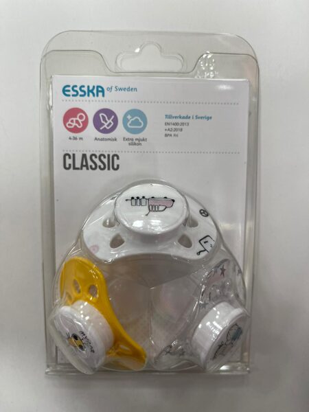 ESSKA/Classic knupīši 3gb/4-36 mēn./Dzeltens ar biti+Balts ar auto+Caurspīdīgs ar bērniem.