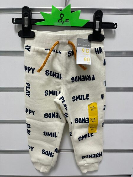 Bikses 9-12 mēn./80cm/Baltas ar uzrakstiem-friends, play, smile.