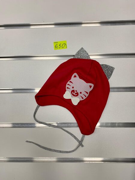 Pavasara cepure meitenēm/sarkana ar kaķi un sudraba austiņām/Izmēri 1-3 gadi (jāmēra).