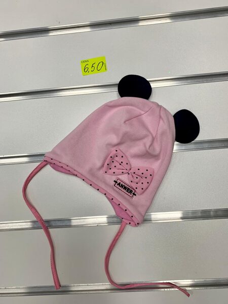 Pavasara cepure meitenēm/Rozā ar melnām austiņām un punktainu lenti/Izmērs 1-3 gadi (jāmēra)