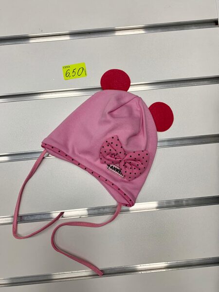 Pavasara cepure meitenēm/Rozā ar sarkanām austiņām un punktainu lenti/Izmērs 1-3 gadi (jāmēra)