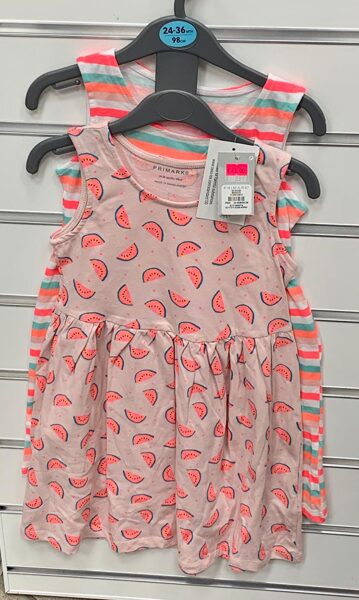 Vasaras kleitiņas 2gb/bezroku/2-3 gadi/98cm/Svītraina+Rozā ar arbūziem.