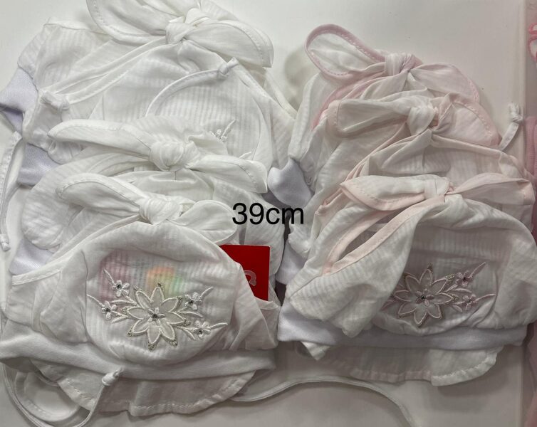 Vasaras cepures zīdaiņiem/izmērs 39cm/Baltas, rozīgas, plānas/sienamas ar lenti augšpusē.