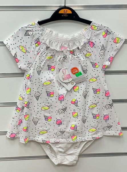 Īsroku krekliņš ar bodiju apakšā 2-3 gadi/98cm/Balts ar saldējumiem