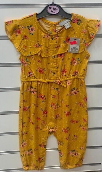 Vasaras romperis 12-18 mēn./86cm/Tumši dzeltens(smilšu krāsā)/ar ziediem.