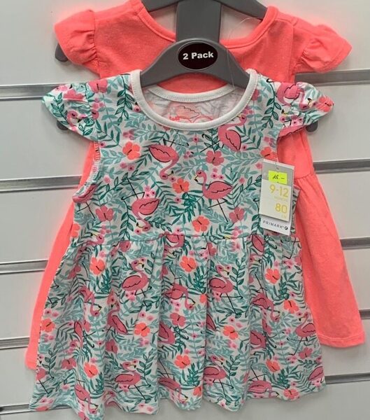 #VASARAS KLEITAS 2GB/6-9 MĒN./74CM/ORANŽA+BALTA ZAĻGANĀM LAPĀM UN ROZĀ FLAMINGO.