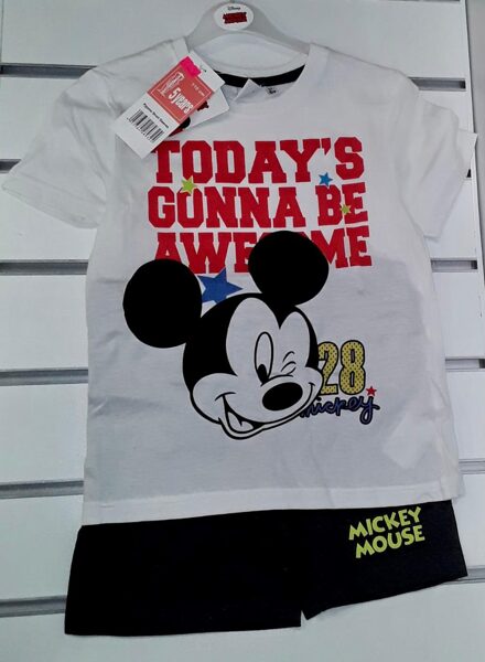 Vasaras komplekts zēniem 5gadi/110cm/Balts krekliņš ar uzrakstu Today'S Gonna be Awesome+melni šorti/Mickey Mouse