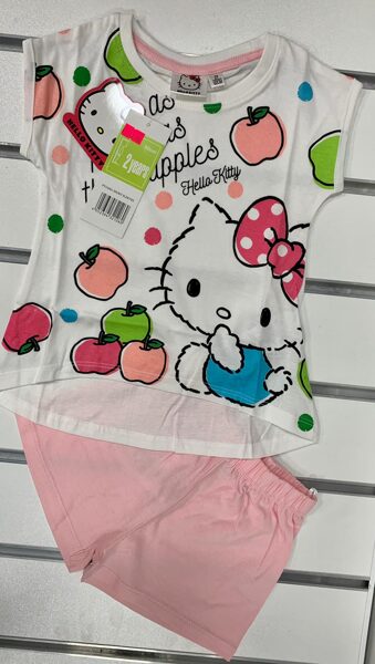 Vasaras komplekts meitenēm 2 gadi/92cm/Hello Kitty/Balts krekliņš ar ābolīšiem+rozā šorti