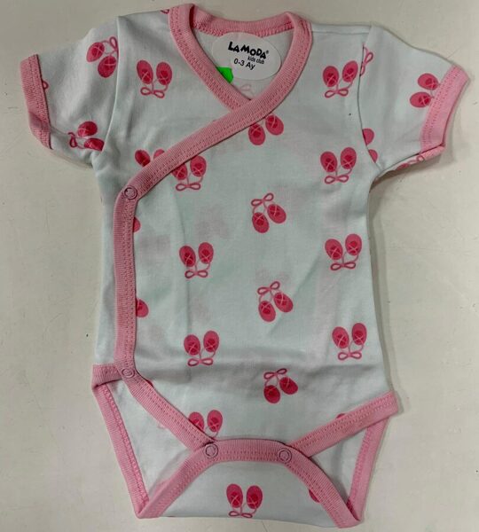 Īsroku body 0-3 mēn./balts ar rozā pastaliņām/Pogājams priekšpusē/LaModa