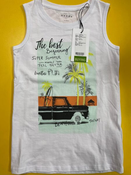 #Bezroku krekls 122-128cm/Balts ar palmām un auto/Name It