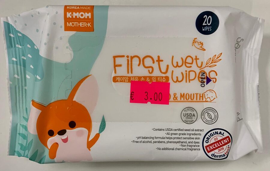 K-MOM mitrās salvetes bez vāciņa, balts ar zaļu pac. 20 gb